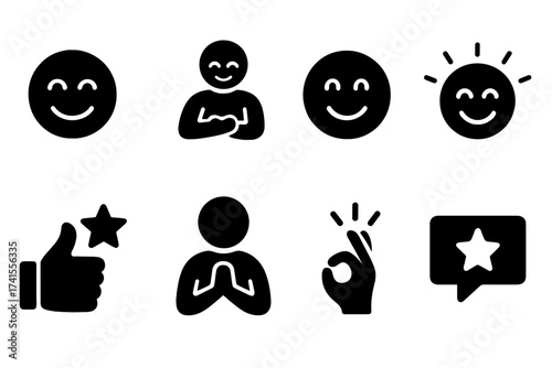 Satisfaction icon set with happiness, fulfillment, joy, gratitude, positive feedback, recommendation, thankfulness, gratification, approval, and happiness symbols, vector solid collection