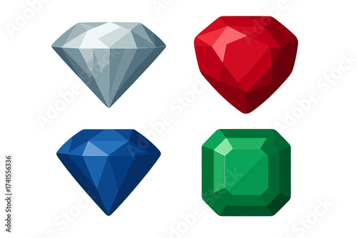 Set of sparkling gemstones diamond ruby sapphire emerald vector icons, colorful precious stones collection with transparent background, luxury jewelry elements, faceted gems illustration