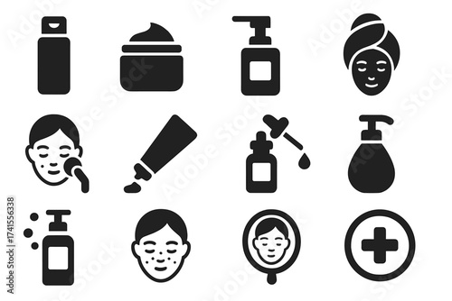 Skin care icon set with cosmetics, cream jars, lotion bottles, facial care, dermatology essentials, serum droppers, cleanser pumps, beauty products, skincare routine, solid vector icons collection