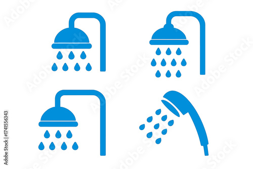 Blue Shower Icon Collection with Various Showerhead Designs and Water Drops, Vector Illustration Set with Transparent Background for Bathroom and Hygiene Concepts