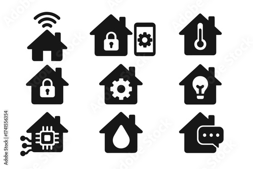 Smart home icon set with automation control system, smart security lock, temperature control, energy saving, IoT chip, water sensor, and smart communication technology vector illustration
