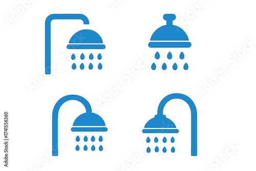 Shower Icon Collection in Blue Vector Design. Set of Four Unique Showerhead Illustrations with Water Drops. Transparent Background, Bathroom Hygiene Symbol, Bathroom Fixtures Vector Art.