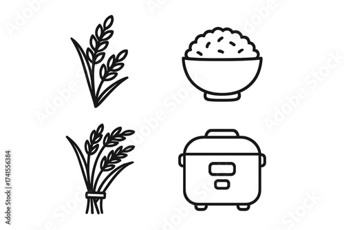 Rice icons set with paddy, rice bowl, harvest bundle, and rice cooker. Vector illustration of agricultural crop, cooked rice, kitchen appliance, and food preparation with transparent background.