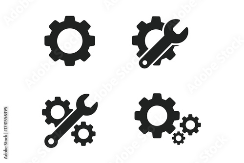 Settings and Maintenance Icon Collection, Vector Illustration Set with Gears and Wrench Symbols for Configuration, Repair, Tools, and Technical Support Concepts, Transparent Background