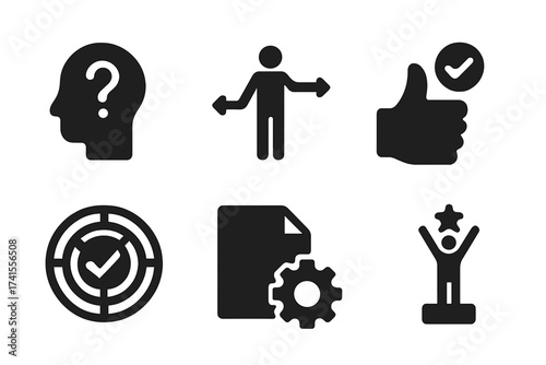 Solution icon set with problem-solving, alternative choices, resolution, answers, maze challenge, issue handling, success, achievement, and process management symbols, solid vector collection