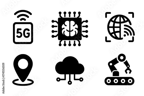 Technology icon set including 5G, AI brain chip, robotics arm, IoT cloud computing, biometric geolocation pin, and automation conveyor vector illustration