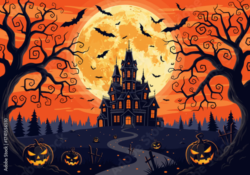 Haunted Halloween Night: Full Moon, Spooky House, Bats, and Pumpkins