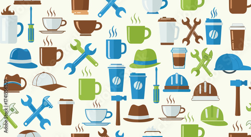 Seamless pattern hats, coffee cups, tools in flat vector illustration