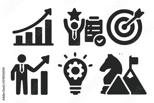Business success icon set with symbols of growth, achievement, planning, leadership, innovation, strategy, and goal setting in solid vector style