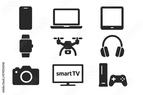 Tech Gadgets Icon Set Featuring Smartphone, Laptop, Tablet, Smartwatch, Drone, Headphones, Digital Camera, Smart TV, Gaming Console, Modern Electronics Vector