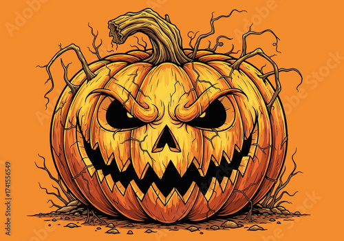 Menacing Jack-O-Lantern with Gnarled Vines Halloween Art