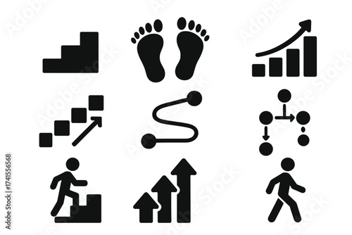 Steps icon set with stairs, footprints, progress charts, step-by-step roadmap, process flow, walking symbols, upward arrows, growth concept, solid vector icons collection for business and planning