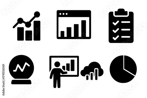 Statistics icons set with data chart, web analytics, survey, prediction, presentation, cloud analysis, pie chart, progress bars, and data visualization symbols