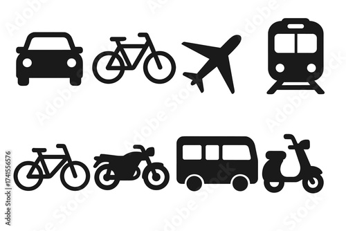 Transport icon set collection featuring car, bike, plane, train, bicycle, motorbike, bus, and scooter. Solid black vector illustrations for transportation design, travel, vehicle symbols.