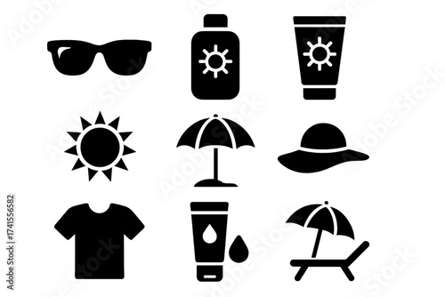 Sun protection icon set featuring sunglasses, sunscreen, sunblock, beach umbrella, summer hat, sun symbol, t-shirt, hydration cream, and beach lounge chair vector illustration
