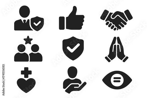 Trust icon set with confidence, credibility, honesty, faith, sincerity, promise, friendship, truth, reliability, and trustworthiness symbols in solid vector style for business and social concepts