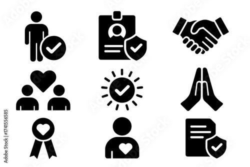 Trust icon set with symbols of confidence, credibility, promise, honesty, friendship, faith, sincerity, truth, and reliability. Vector solid icons for business and personal integrity concepts.