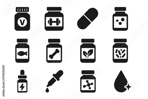 Supplement icons collection with vitamin, protein, capsule, minerals, fish oil, calcium, herbal, probiotic, electrolyte, dropper, antioxidant symbols, health and nutrition vector set