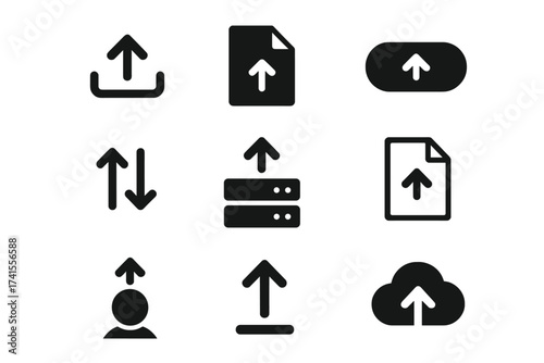 Upload icon set with arrow up, file upload, cloud transfer, server data upload, document sharing, upload button, transfer symbols, digital file management vector collection