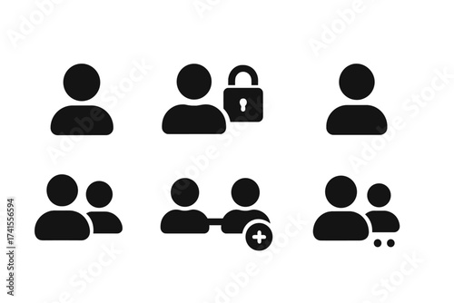 User account icon set including profile, password, login, username, avatar, connection, add friend, and social interaction symbols. Solid black vector icons collection for UI design and digital use.
