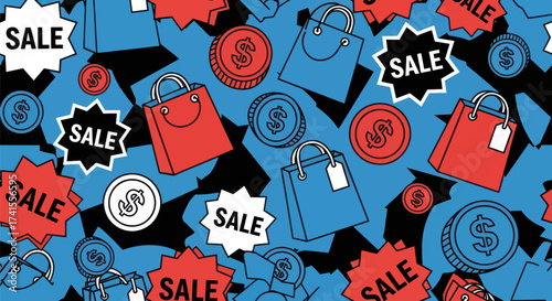 Sale pattern w/ shopping bags, coins, & burst shapes in red, blue, & white