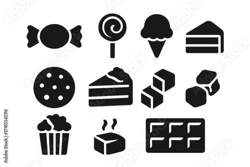 Black solid sweets and desserts icon set including candy, lollipop, ice cream, cookie, cake slice, sugar cubes, popcorn, caramel, and chocolate bar vector illustrations for dessert and snack concepts