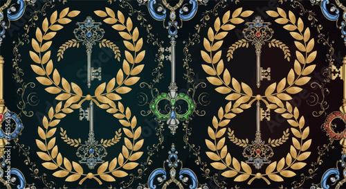 Ornate keys amidst golden leaves & scrolls