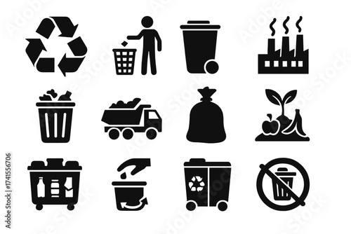 Waste management icon set with recycling, litter, trash, pollution, landfill, composting, waste sorting symbols, eco-friendly solid vector collection for environmental awareness