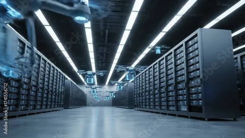 Robotic drones flying autonomously inside futuristic logistics warehouse.