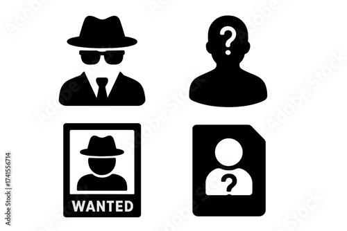 Unknown icon set of incognito mystery and anonymity concepts, missing person silhouette, wanted poster, lost anonymous identification, vector solid icons with transparent background