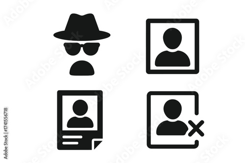 Set of unknown person icons including incognito spy, missing person, wanted poster, and lost anonymous silhouette symbols, solid vector illustration with transparent background