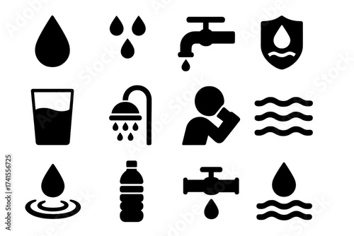 Water icon set vector collection with drops, rain, tap, waterproof shield, glass of water, shower, drinking water bottle, and liquid flow design for hydration and plumbing