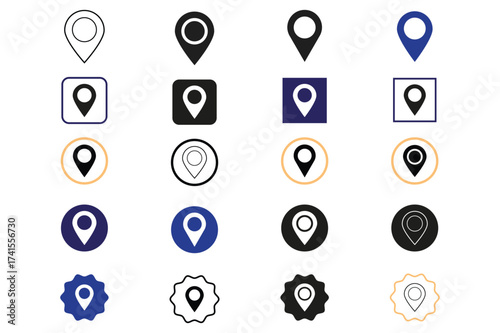 Diverse location pin icons set for navigation maps and geolocation applications