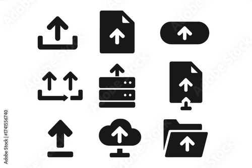 Set of black upload icons collection including file upload, cloud upload, server transfer, button upload, document upload, folder upload, arrow up transfer symbols, vector