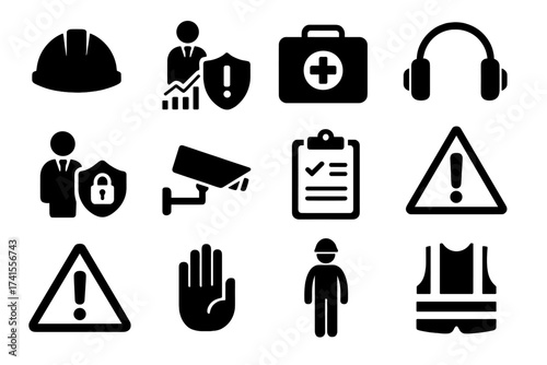 Work safety icon set including hard hat, risk management, first aid, ear protection, workplace security, CCTV, safety regulations, training, hazard symbols, safety vest and stop hand