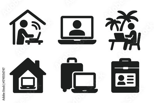 Working from home and remote work icon set, digital nomad lifestyle, freelancing, online work, home office, portfolio, travel with laptop, business identity, solid black vector icons