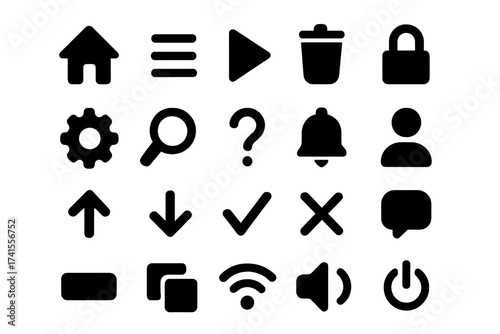 User Interface Icon Set, Basic UI and UX Solid Icons Pack, Vector Symbol Illustration Collection with Transparent Background, Navigation, Media, Security, Communication, Settings