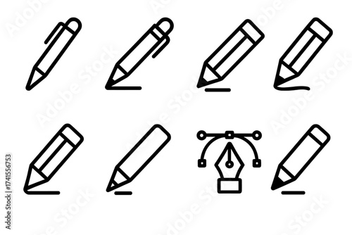 Write icon collection with pen and pencil tool vector illustration set, drawing and editing digital icons with transparent background for graphic design and creative projects
