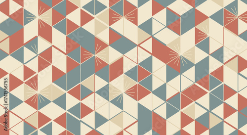 Triangle pattern with lines, cream, blue, red hues, modern motif