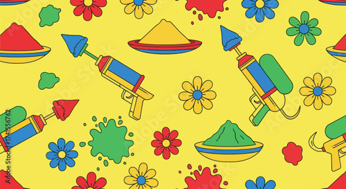 Colorful repeat pattern paint guns, powder bowls, flower doodles