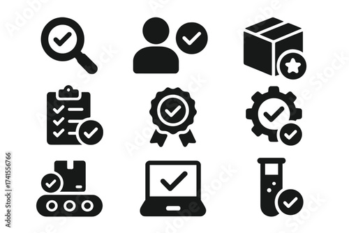 Quality control icon set with inspection, evaluation, product quality assurance, testing, process check, approval, certification, production, and manufacturing vector icons collection