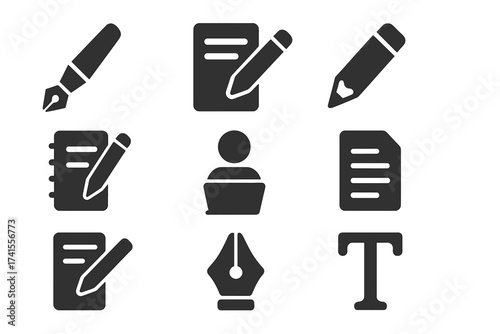 Writing icon set with pen, pencil, note, edit, writer, document, nib, and text symbols. Solid vector icons collection for creative design, writing, editing, blogging, stationery, and communication