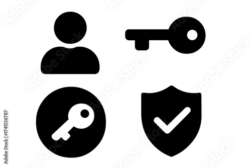 User with key icon, personal key symbol, security concept, access control, privacy protection, authentication vector illustration, black silhouette set, transparent background