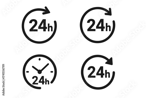 24-hour time icon vector set. Twenty-four hours clock symbol collection. 24h open all day service concept. Non-stop support and delivery sign. Round the clock work.