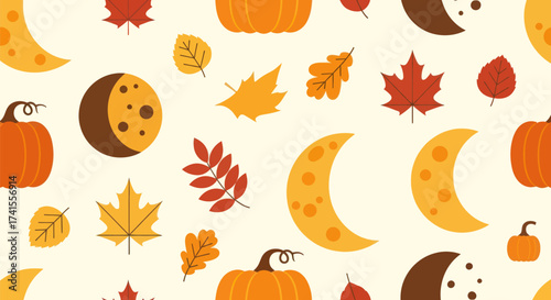 Autumnal flat pattern with leaves, pumpkins, and moons on beige