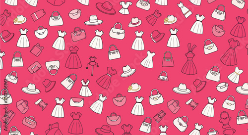 Pattern of dresses, handbags, and hats on a pink background