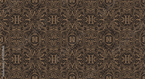 Baroque-style wallpaper with floral and letter motifs in brown tones