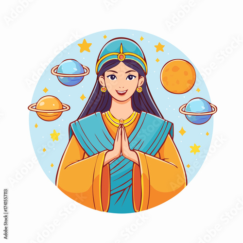 Indian woman praying with planets and stars