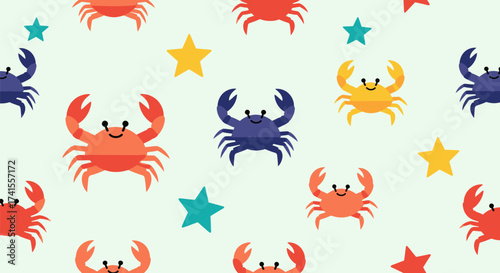 Cheerful, cartoonish crabs and stars scattered across a light green backdrop, forming a playful pattern