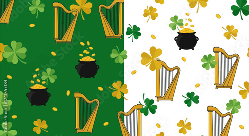 St. Patrick's Day pattern with harps, gold coins, & shamrocks